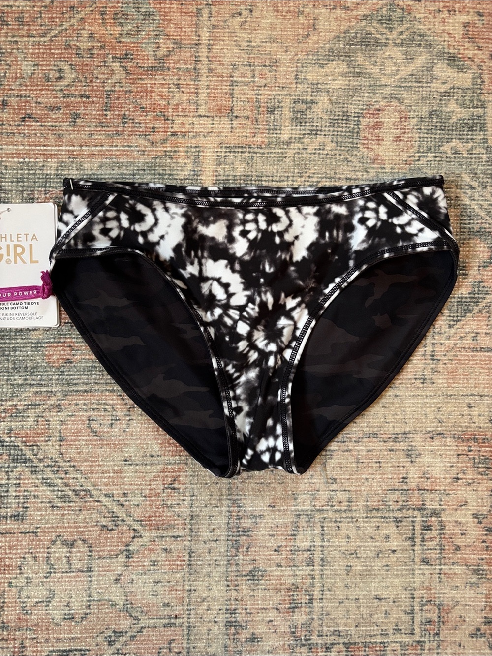 Athleta Girl Black & White Reversible Camo Tie-Dye Bikini Bottom Size Large/12